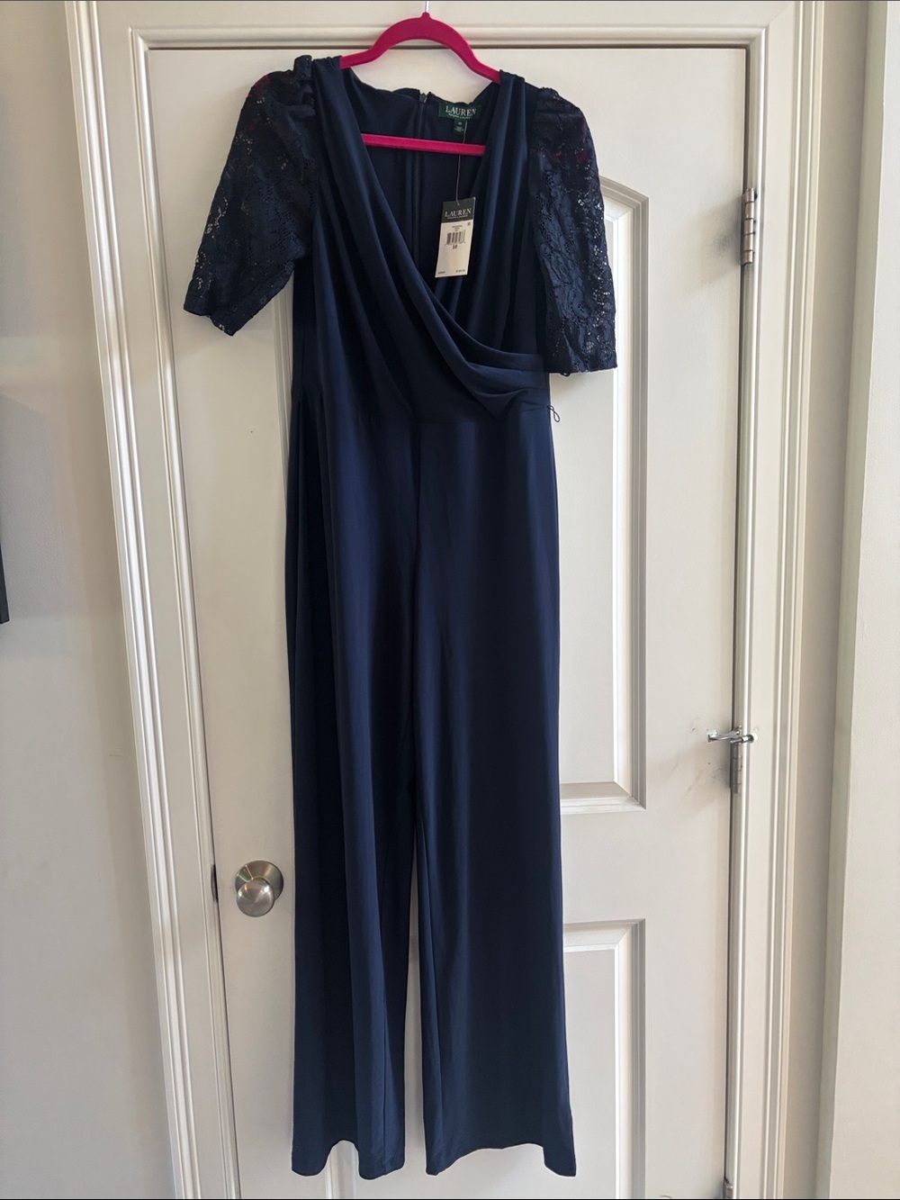 Lauren Navy Lace-Sleeve Wide-Leg Jumpsuit